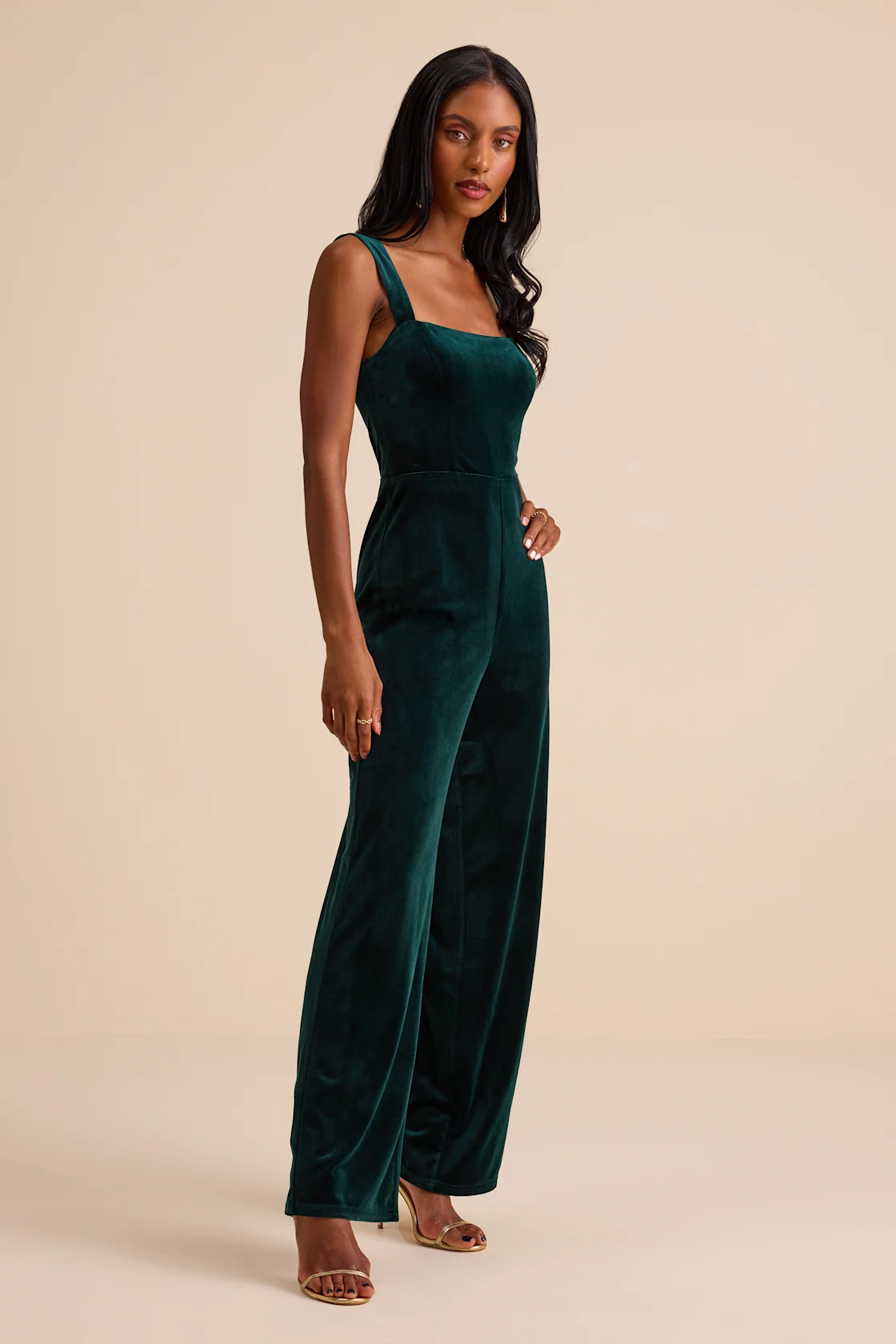 Sayana Emerald Velvet Sleeveless Straight Leg Jumpsuit