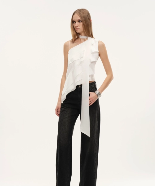 Veil Multilayered Ruffle Top in Sequin Mesh
